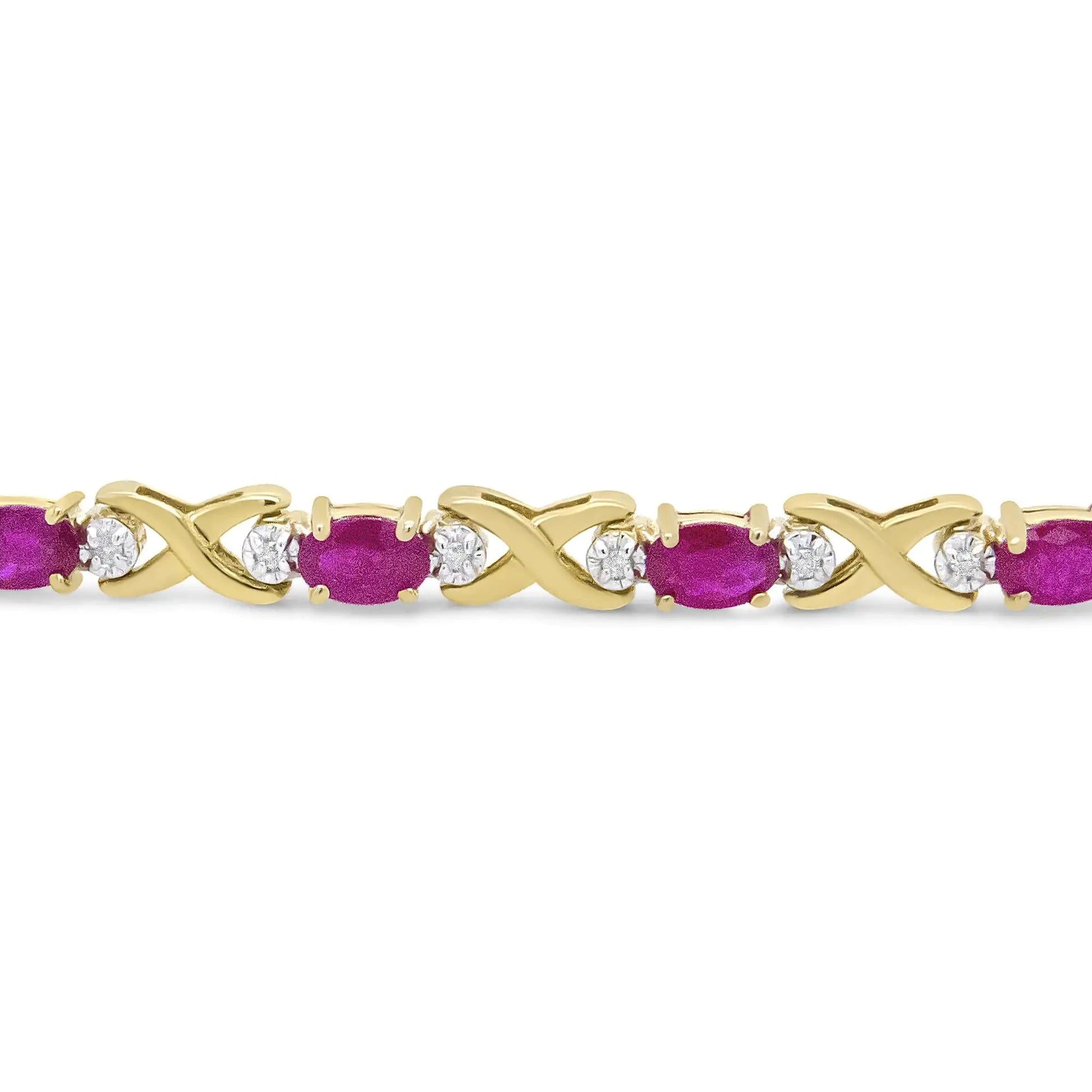 14K Yellow Gold 1/4 Cttw Diamond and Oval Red Ruby Alternating X Link Bracelet (I - J Color, I3 Clarity) - Jaazi Intl