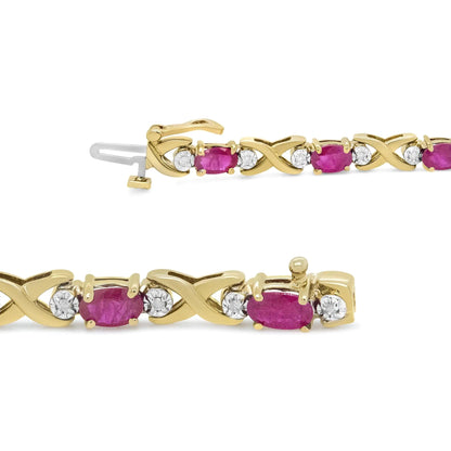 14K Yellow Gold 1/4 Cttw Diamond and Oval Red Ruby Alternating X Link Bracelet (I - J Color, I3 Clarity) - Jaazi Intl