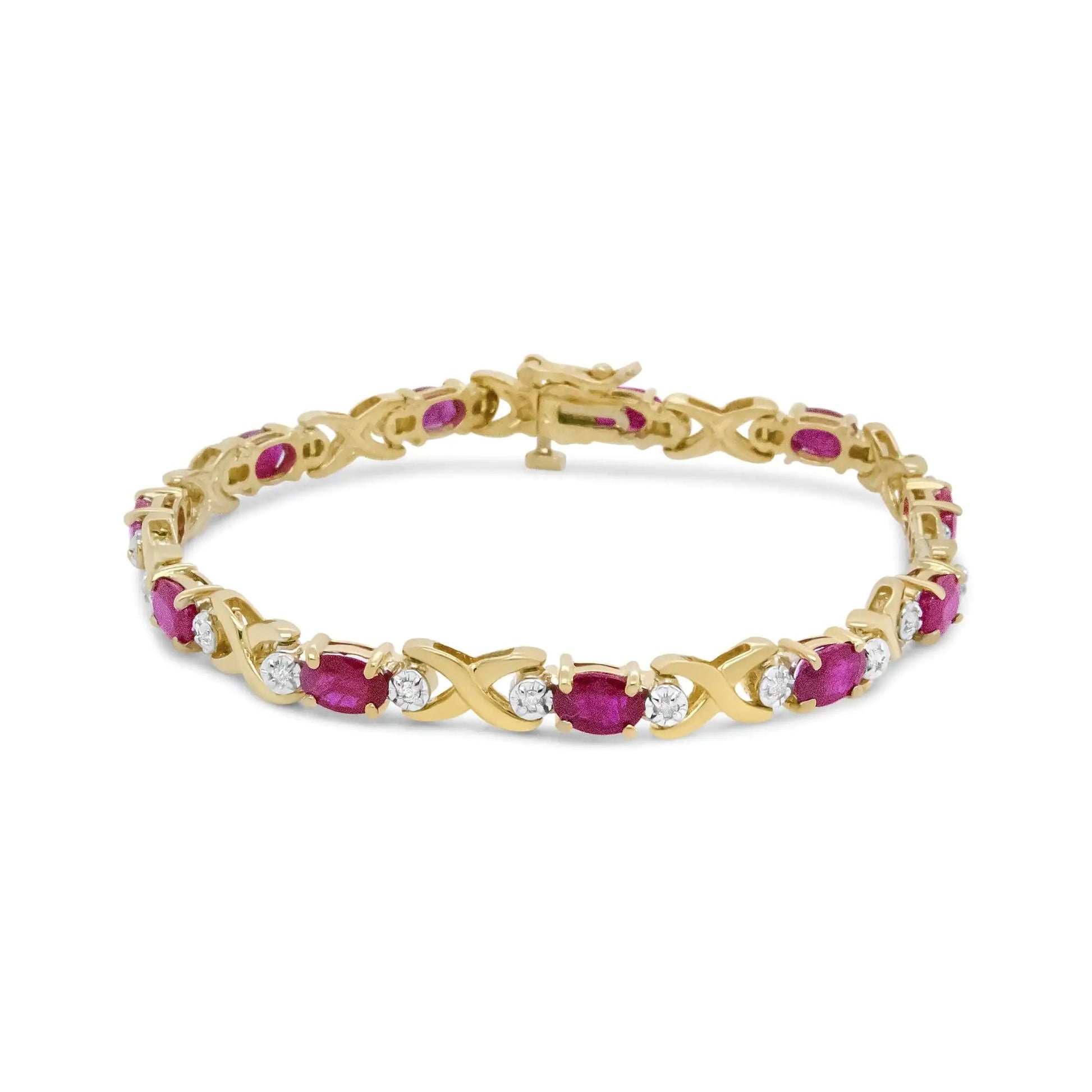 14K Yellow Gold 1/4 Cttw Diamond and Oval Red Ruby Alternating X Link Bracelet (I - J Color, I3 Clarity) - Jaazi Intl