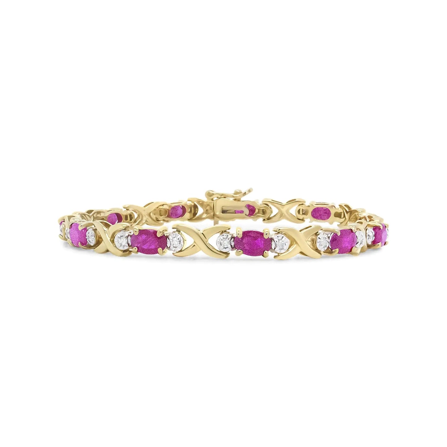 14K Yellow Gold 1/4 Cttw Diamond and Oval Red Ruby Alternating X Link Bracelet (I - J Color, I3 Clarity) - Jaazi Intl