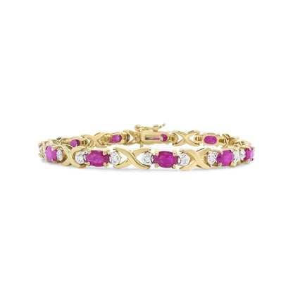 14K Yellow Gold 1/4 Cttw Diamond and Oval Red Ruby Alternating X Link Bracelet (I - J Color, I3 Clarity) - Jaazi Intl