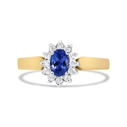 14K Yellow Gold 1/5 Cttw Round Diamond and 6x4mm Oval Blue Tanzanite Halo Ring (H - I Color, I1 - I2 Clarity) - Jaazi Intl