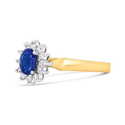 14K Yellow Gold 1/5 Cttw Round Diamond and 6x4mm Oval Blue Tanzanite Halo Ring (H - I Color, I1 - I2 Clarity) - Jaazi Intl