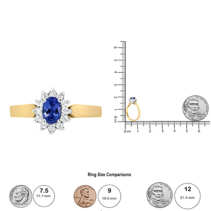 14K Yellow Gold 1/5 Cttw Round Diamond and 6x4mm Oval Blue Tanzanite Halo Ring (H - I Color, I1 - I2 Clarity) - Jaazi Intl