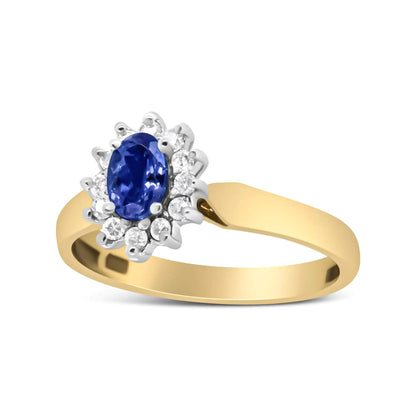 14K Yellow Gold 1/5 Cttw Round Diamond and 6x4mm Oval Blue Tanzanite Halo Ring (H - I Color, I1 - I2 Clarity) - Jaazi Intl