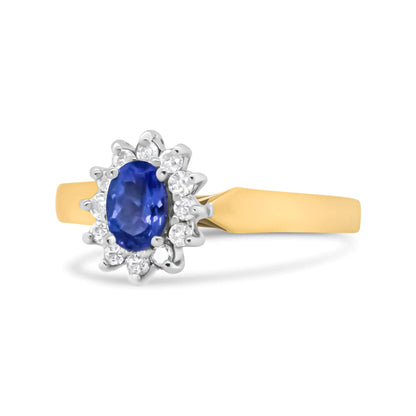 14K Yellow Gold 1/5 Cttw Round Diamond and 6x4mm Oval Blue Tanzanite Halo Ring (H - I Color, I1 - I2 Clarity) - Jaazi Intl