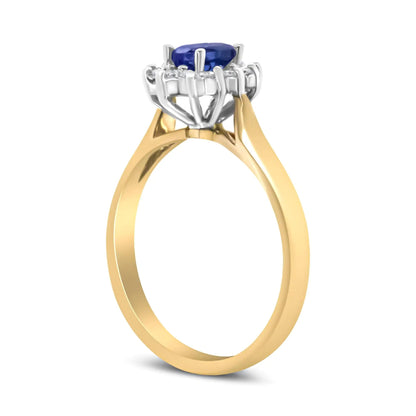 14K Yellow Gold 1/5 Cttw Round Diamond and 6x4mm Oval Blue Tanzanite Halo Ring (H - I Color, I1 - I2 Clarity) - Jaazi Intl