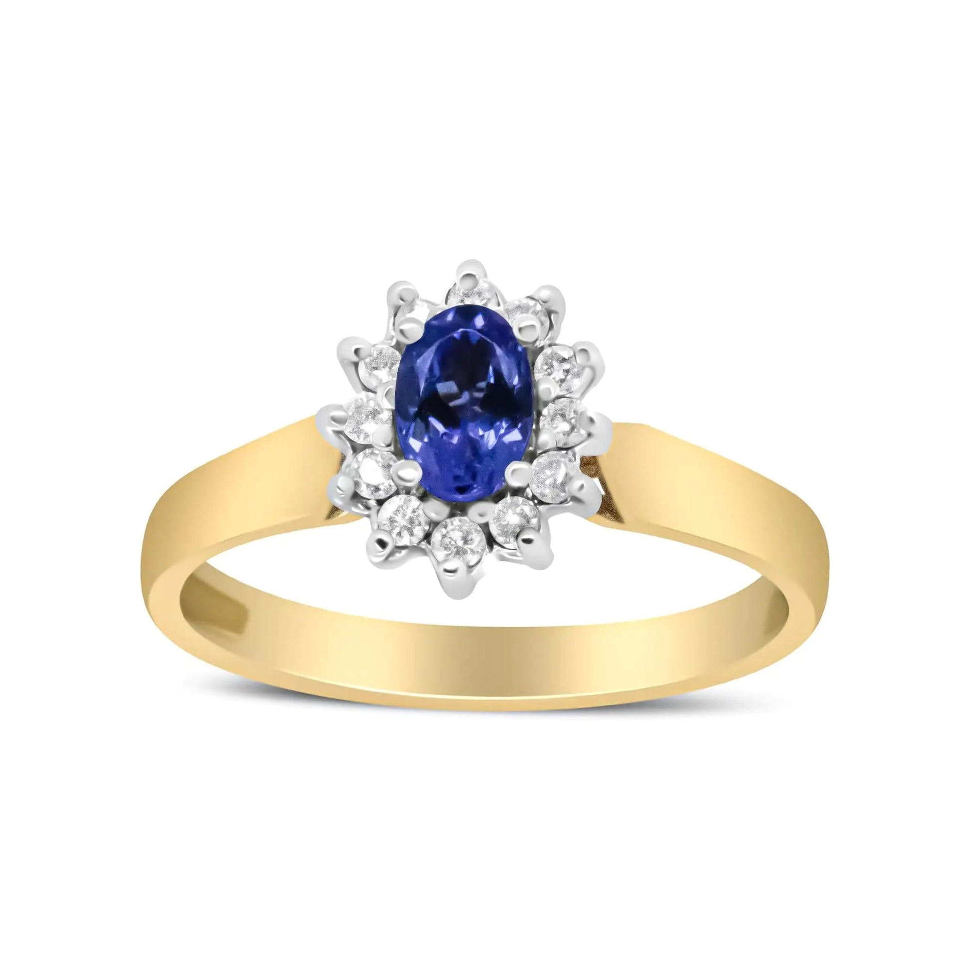 14K Yellow Gold 1/5 Cttw Round Diamond and 6x4mm Oval Blue Tanzanite Halo Ring (H - I Color, I1 - I2 Clarity) - Jaazi Intl