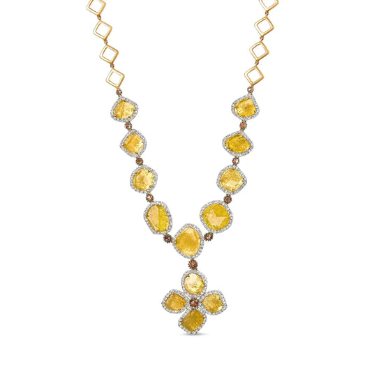 14K Yellow Gold 16 7/8 Cttw Fancy Yellow Rose Cut Diamond 16" Collar Necklace with 4 Leaf Clover Drop (Fancy Yellow/I - J Color, I1 - I2 Clarity) - Jaazi Intl