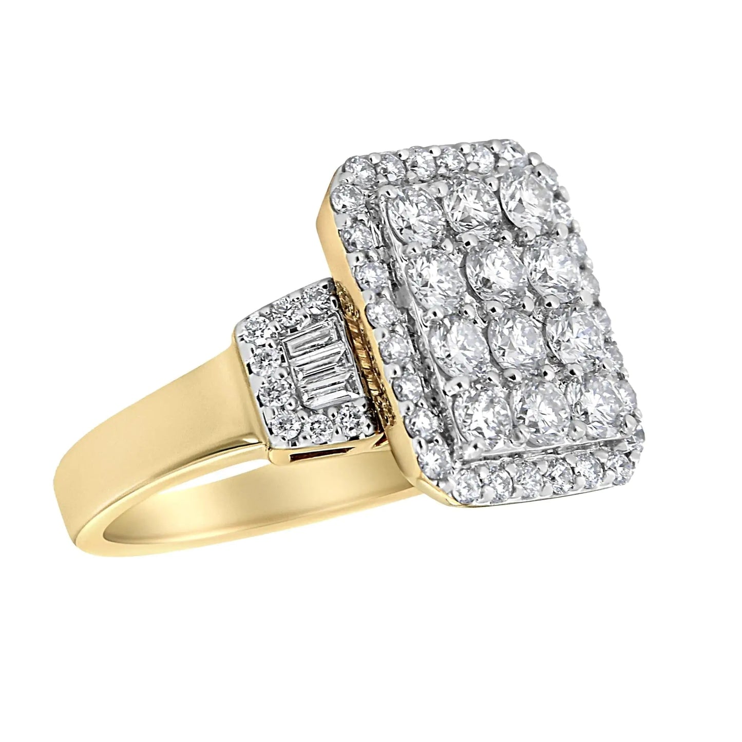 14K Yellow Gold 2 1/4 Cttw Round and Baguette - Cut Diamond Emerald Shape with Halo Cocktail Ring (H - I Color, SI1 - SI2 Clarity) - Jaazi Intl