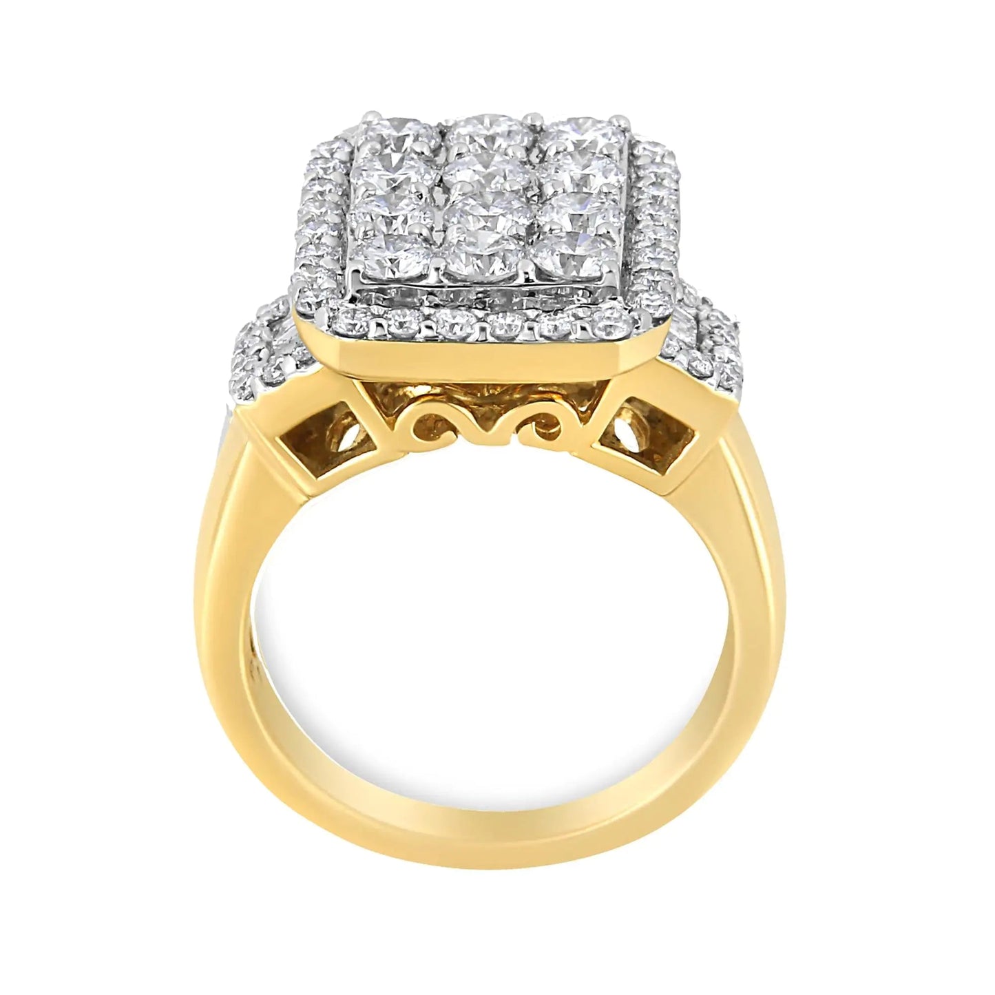 14K Yellow Gold 2 1/4 Cttw Round and Baguette - Cut Diamond Emerald Shape with Halo Cocktail Ring (H - I Color, SI1 - SI2 Clarity) - Jaazi Intl