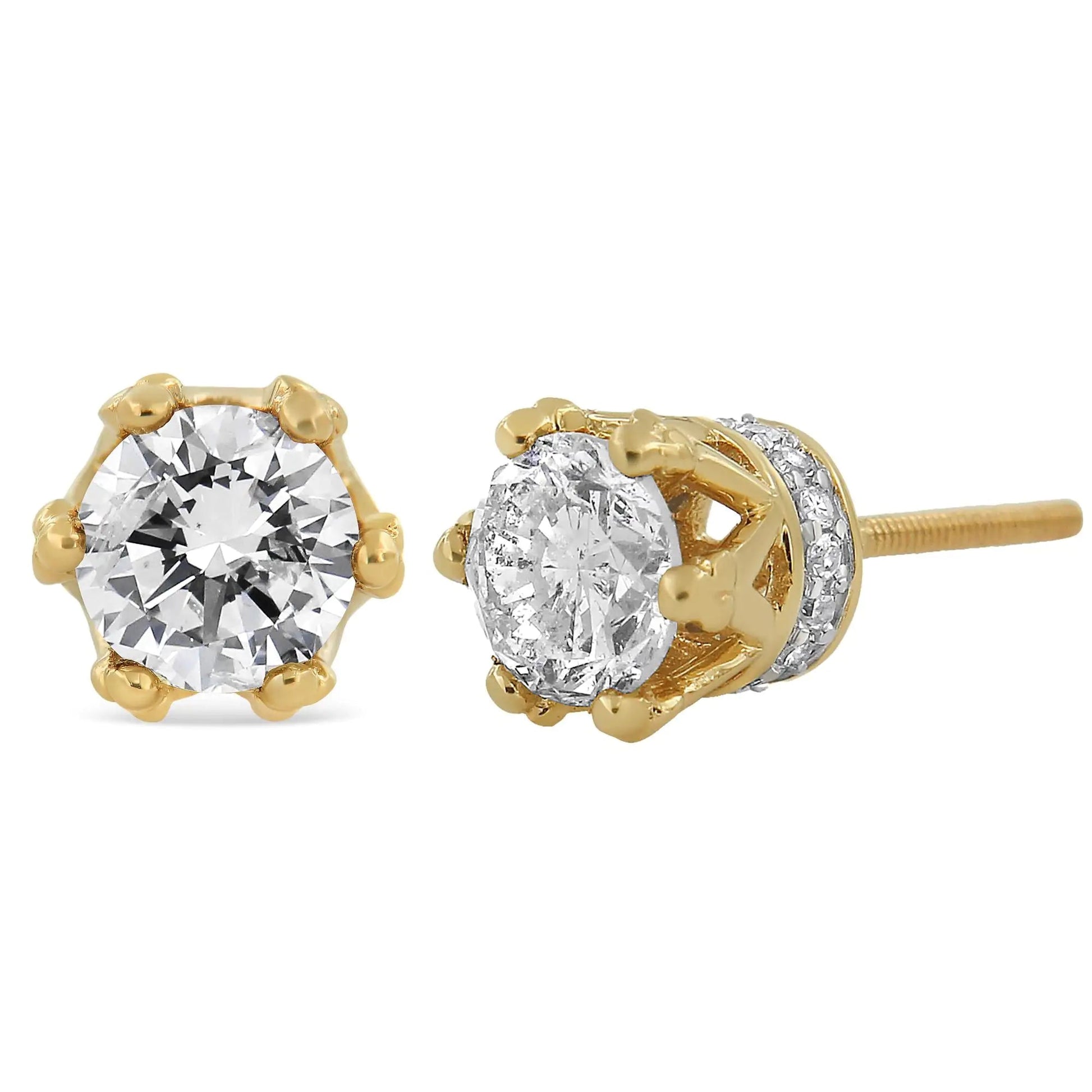 14K Yellow Gold 2.0 Cttw Round Diamond Crown Stud Earrings (I - J Color, I1 - I2 Clarity) - Jaazi Intl