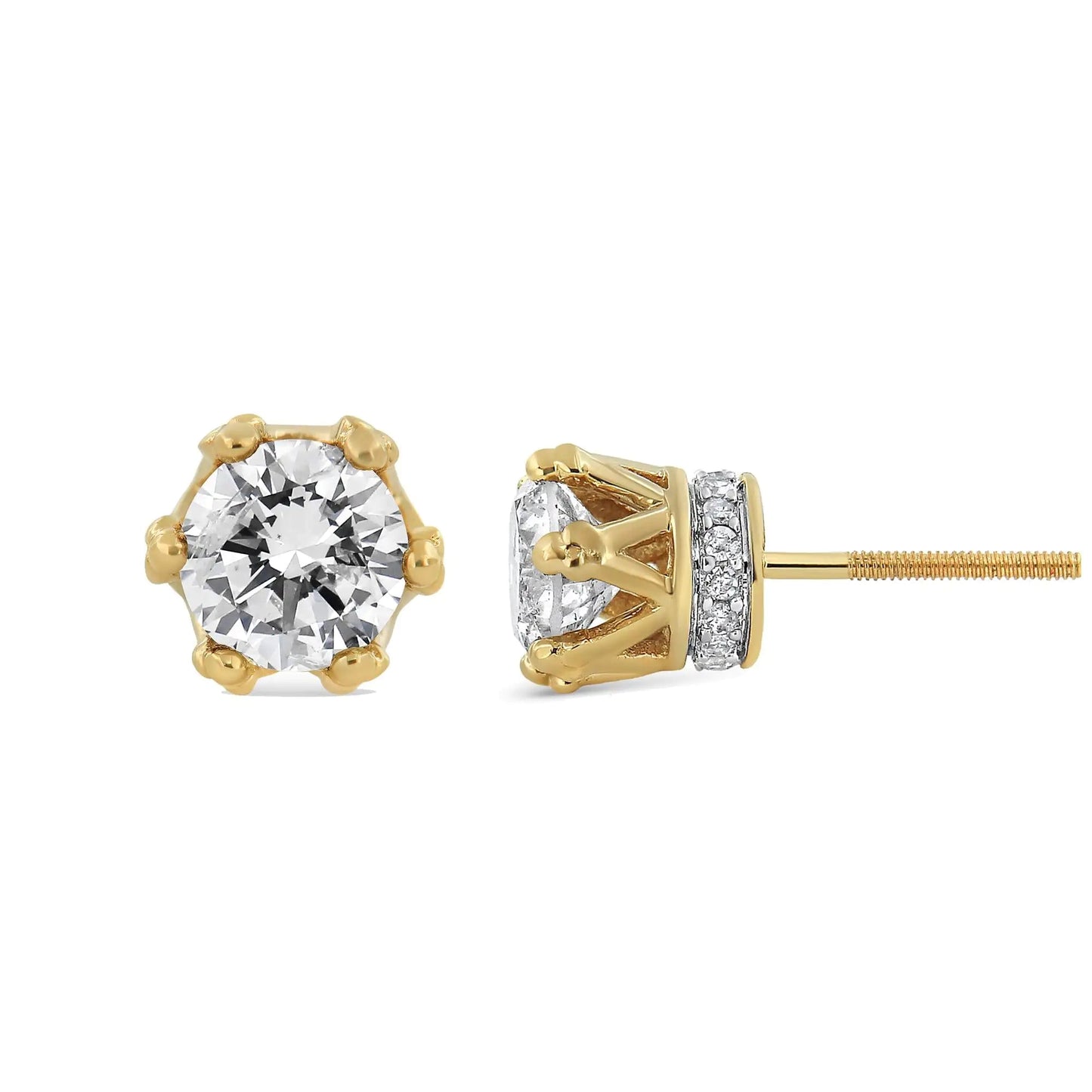 14K Yellow Gold 2.0 Cttw Round Diamond Crown Stud Earrings (I - J Color, I1 - I2 Clarity) - Jaazi Intl