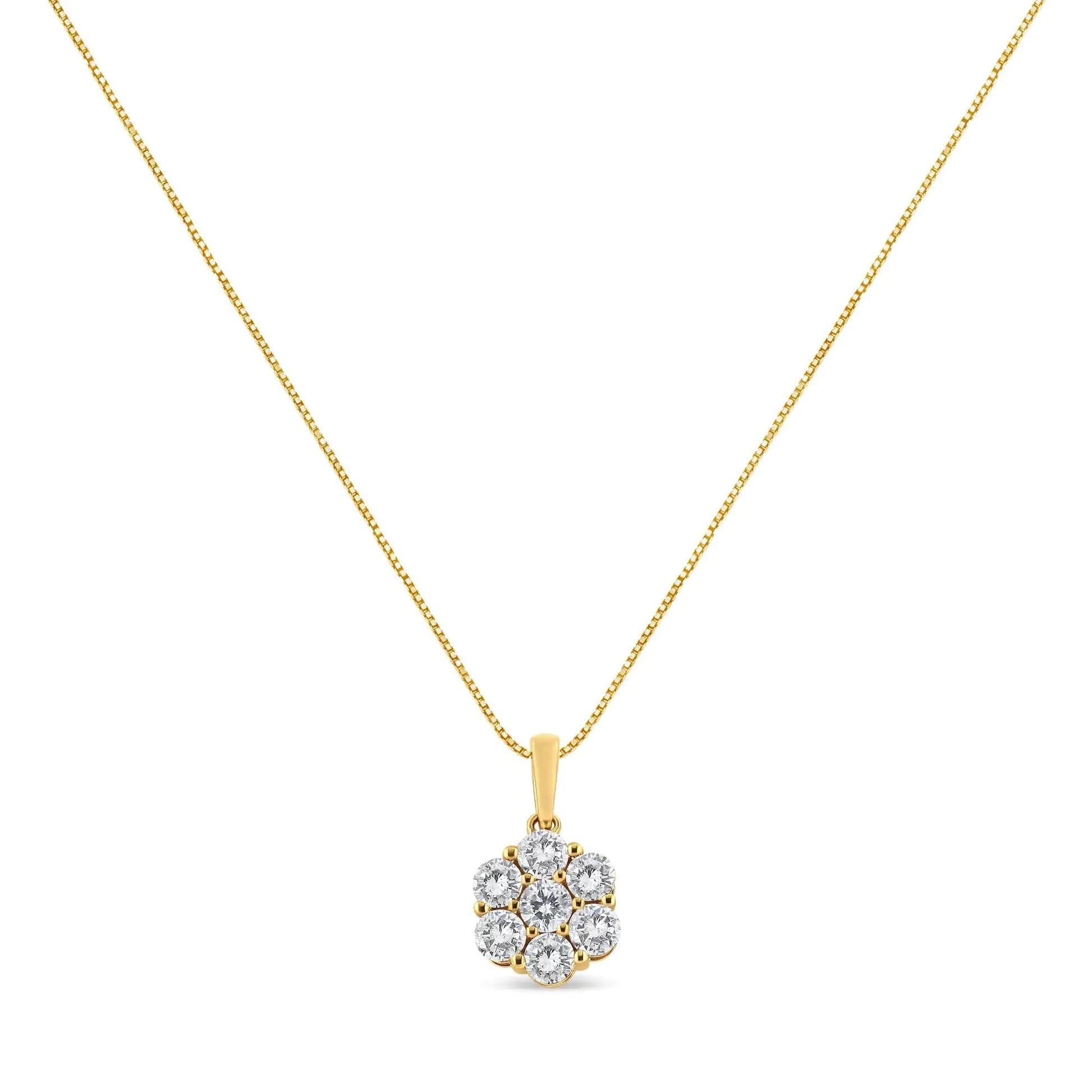 14K Yellow Gold 2.00 Cttw Brilliant Round - Cut Diamond 7 Stone Flower Cluster 18" Pendant Necklace (H - I Color, SI2 - I1 Clarity) - Jaazi Intl