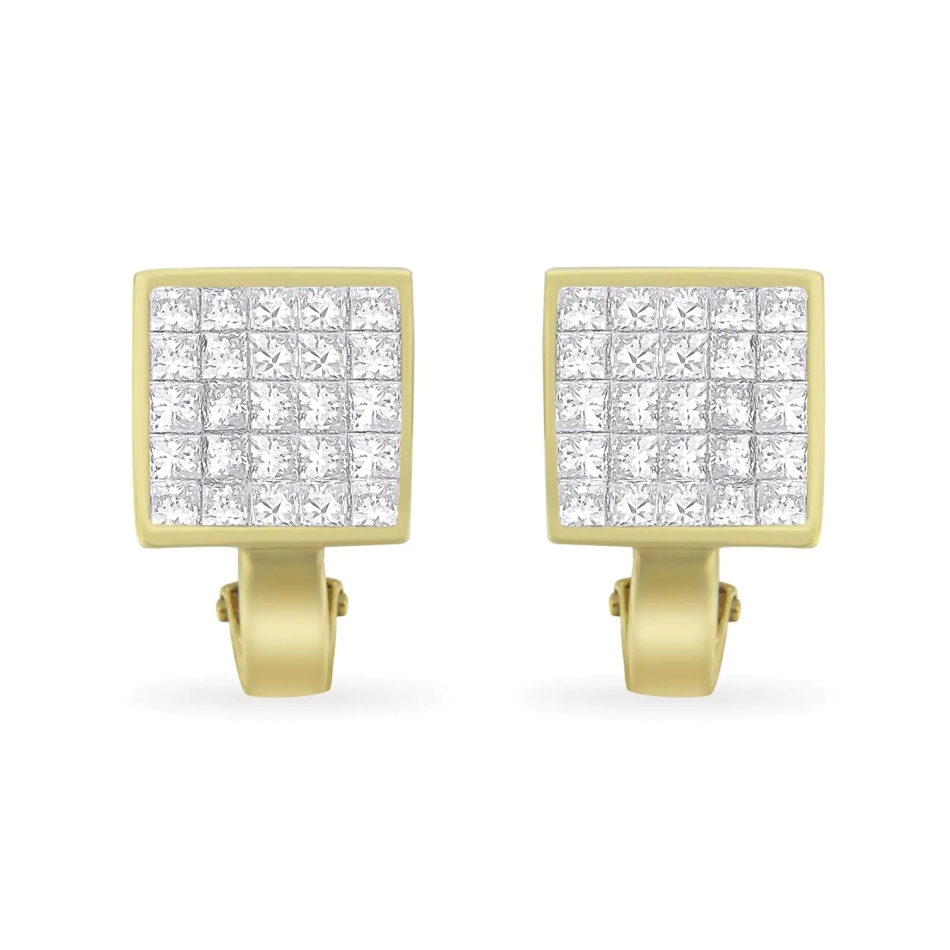 14K Yellow Gold 3 - 1/5 Cttw Princess Cut Diamond ¾ Square Invisible Set Grid Huggy Style Omega Back Stud Earrings (G - H Color, VS1 - VS2 Clarity) - Jaazi Intl