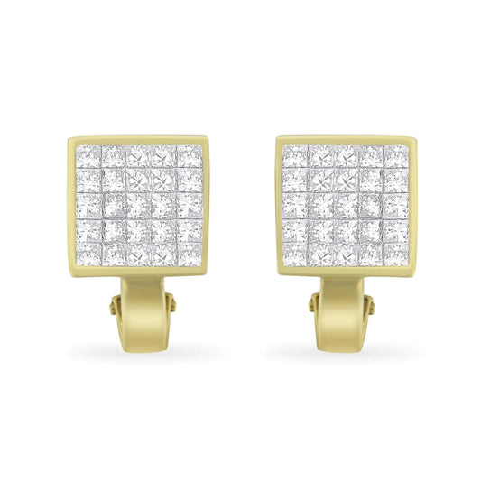 14K Yellow Gold 3 - 1/5 Cttw Princess Cut Diamond ¾ Square Invisible Set Grid Huggy Style Omega Back Stud Earrings (G - H Color, VS1 - VS2 Clarity) - Jaazi Intl