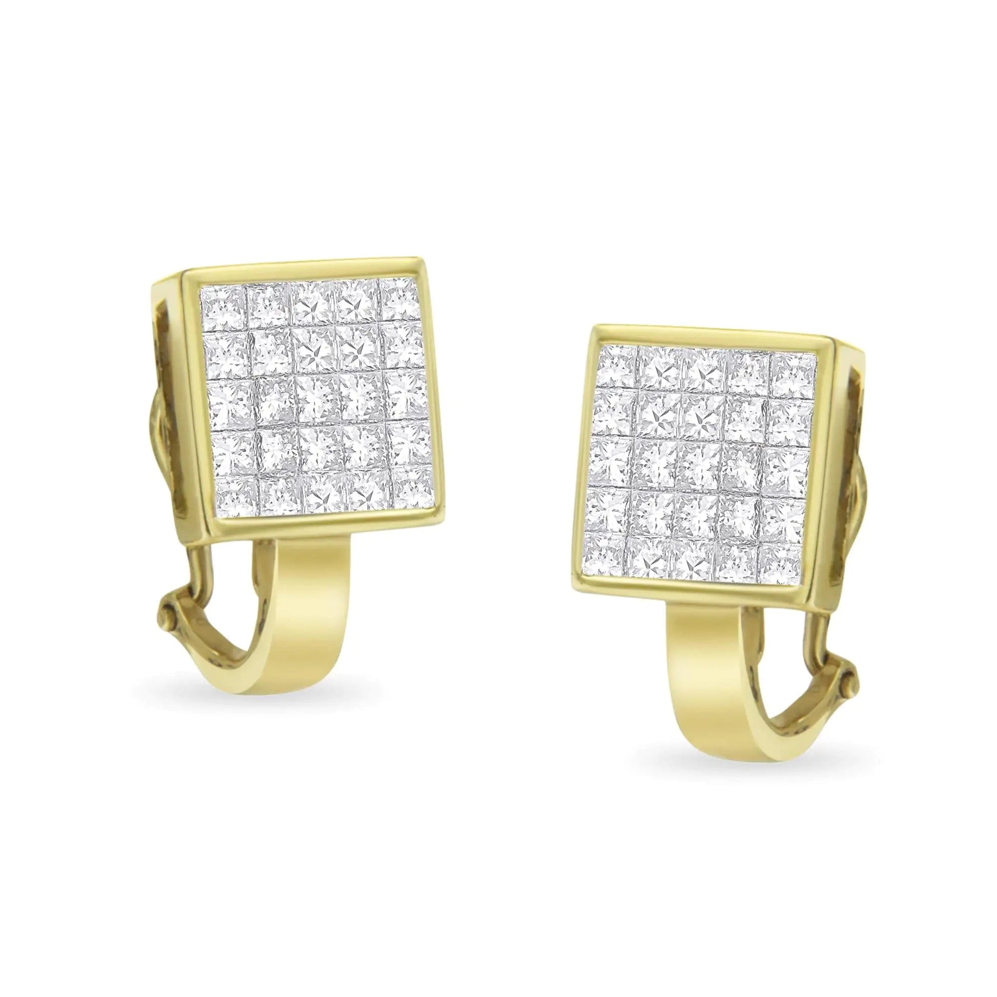 14K Yellow Gold 3 - 1/5 Cttw Princess Cut Diamond ¾ Square Invisible Set Grid Huggy Style Omega Back Stud Earrings (G - H Color, VS1 - VS2 Clarity) - Jaazi Intl