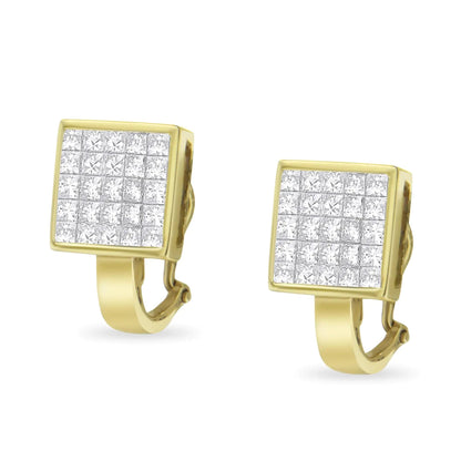 14K Yellow Gold 3 - 1/5 Cttw Princess Cut Diamond ¾ Square Invisible Set Grid Huggy Style Omega Back Stud Earrings (G - H Color, VS1 - VS2 Clarity) - Jaazi Intl