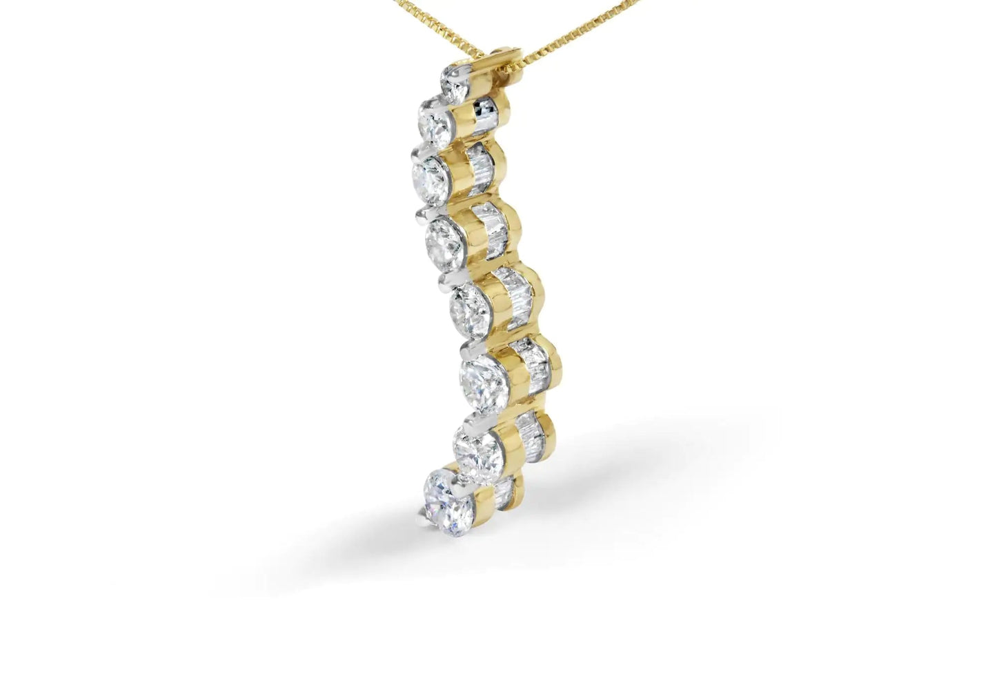 14k Yellow Gold 3.0 cttw Baguette and Brilliant Round - Cut Diamond Journey 18" Pendant Necklace (I - J Color, I2 - I3 Clarity) - Jaazi Intl