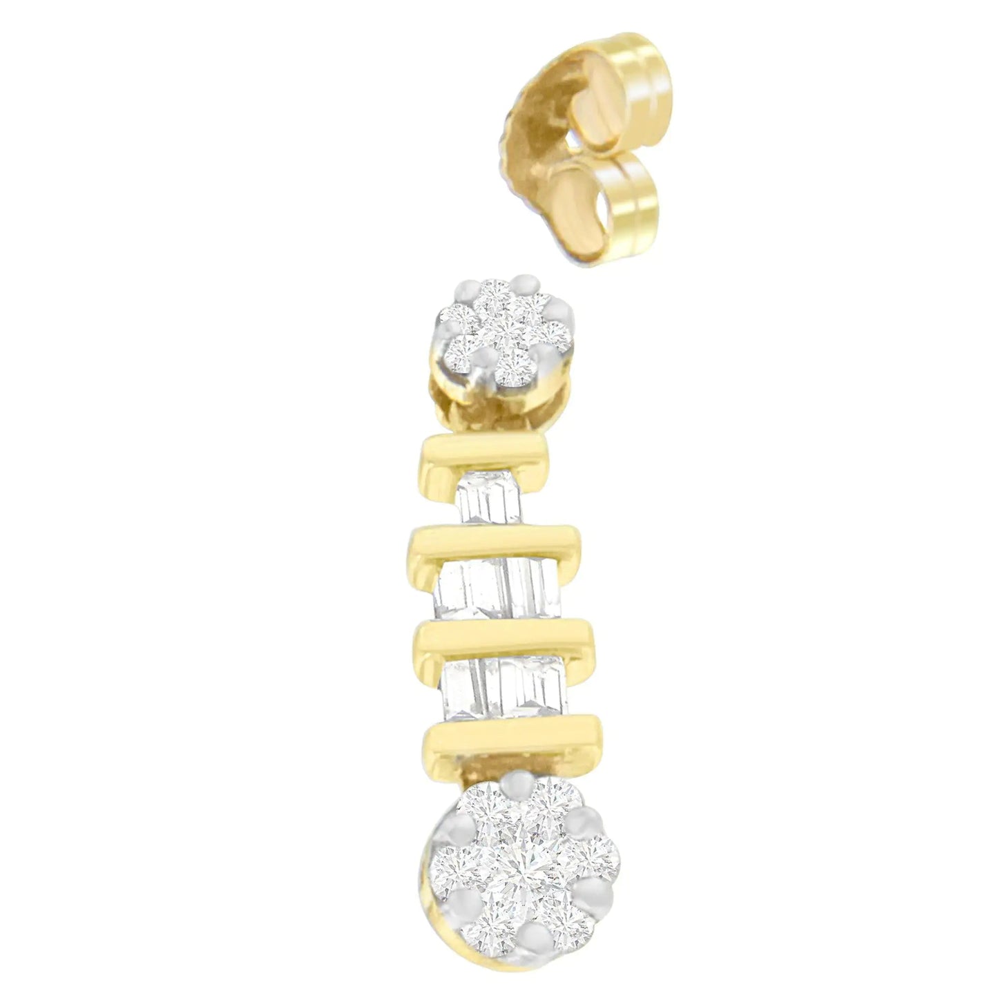 14K Yellow Gold 3/4ct. TDW Round and Baguette - cut Diamond Earrings(H - I,SI1 - SI2) - Jaazi Intl