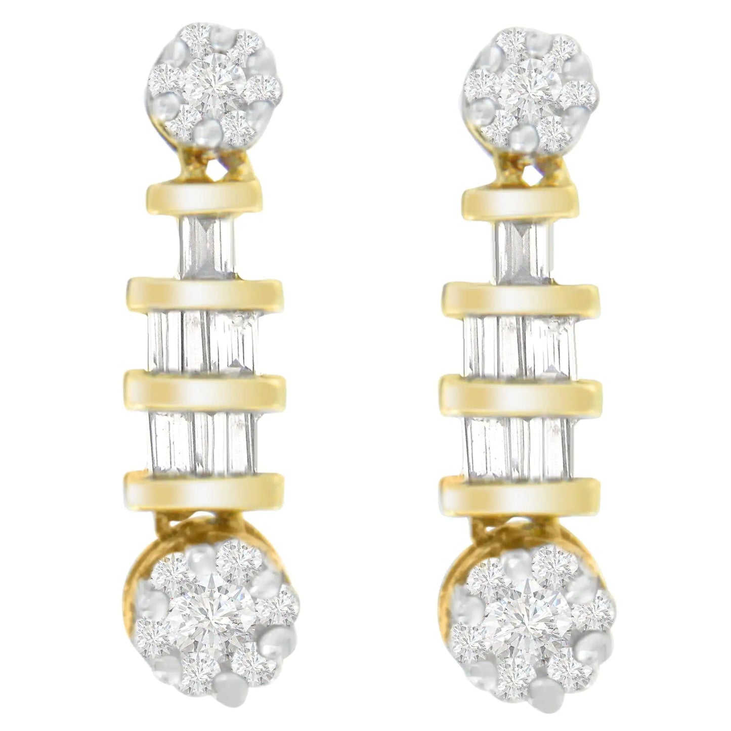 14K Yellow Gold 3/4ct. TDW Round and Baguette - cut Diamond Earrings(H - I,SI1 - SI2) - Jaazi Intl