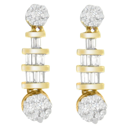 14K Yellow Gold 3/4ct. TDW Round and Baguette - cut Diamond Earrings(H - I,SI1 - SI2) - Jaazi Intl