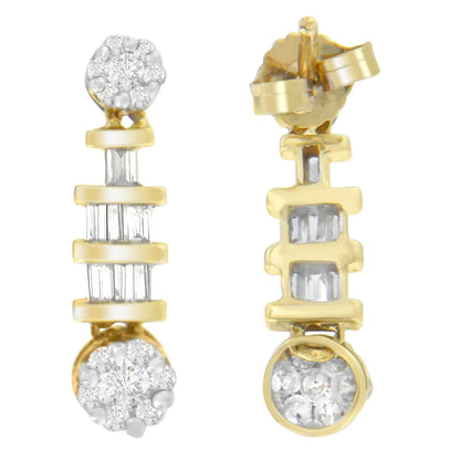 14K Yellow Gold 3/4ct. TDW Round and Baguette - cut Diamond Earrings(H - I,SI1 - SI2) - Jaazi Intl