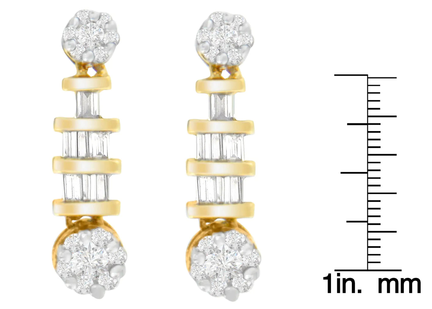 14K Yellow Gold 3/4ct. TDW Round and Baguette - cut Diamond Earrings(H - I,SI1 - SI2) - Jaazi Intl