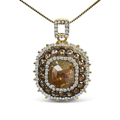 14K Yellow Gold 4 1/5 Cttw Fancy Color Rose Cut Diamond Cushion Shaped Triple Halo 18" Inch Pendant Necklace (Fancy Color, I2 - I3 Clarity) - Jaazi Intl