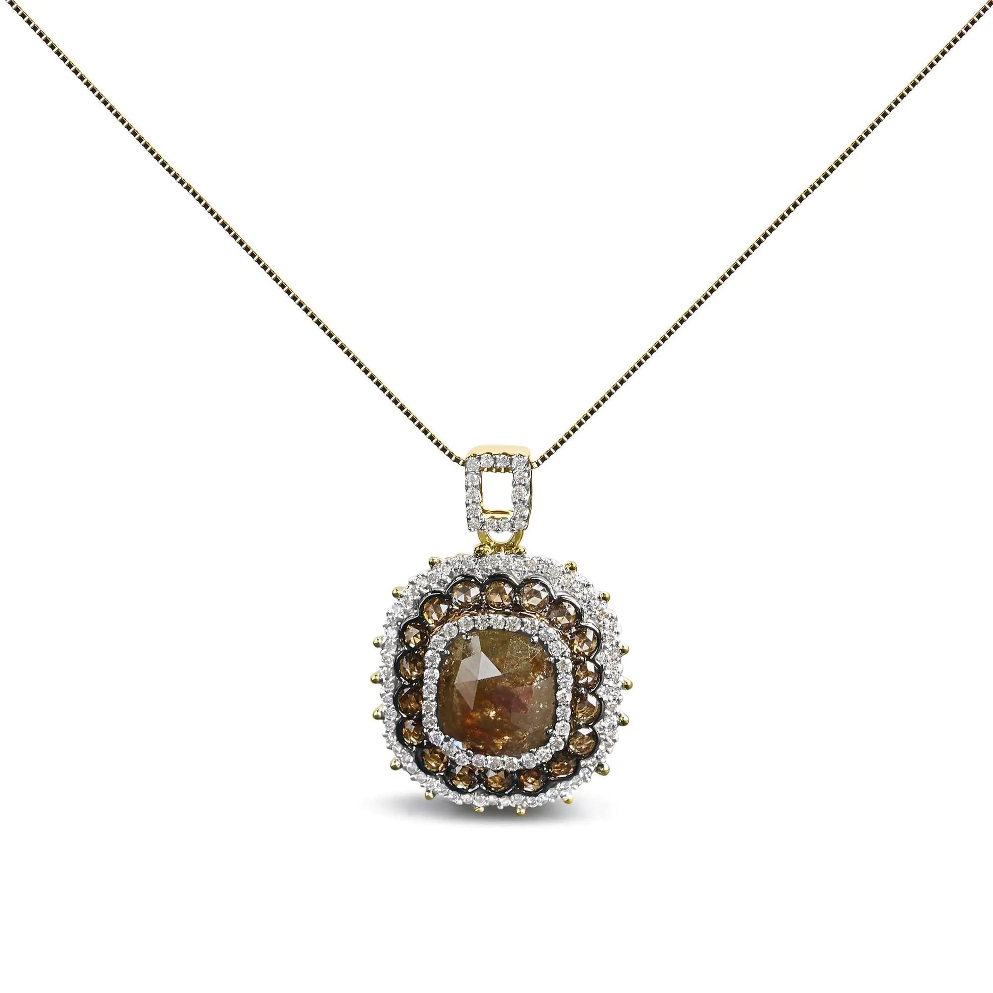 14K Yellow Gold 4 1/5 Cttw Fancy Color Rose Cut Diamond Cushion Shaped Triple Halo 18" Inch Pendant Necklace (Fancy Color, I2 - I3 Clarity) - Jaazi Intl