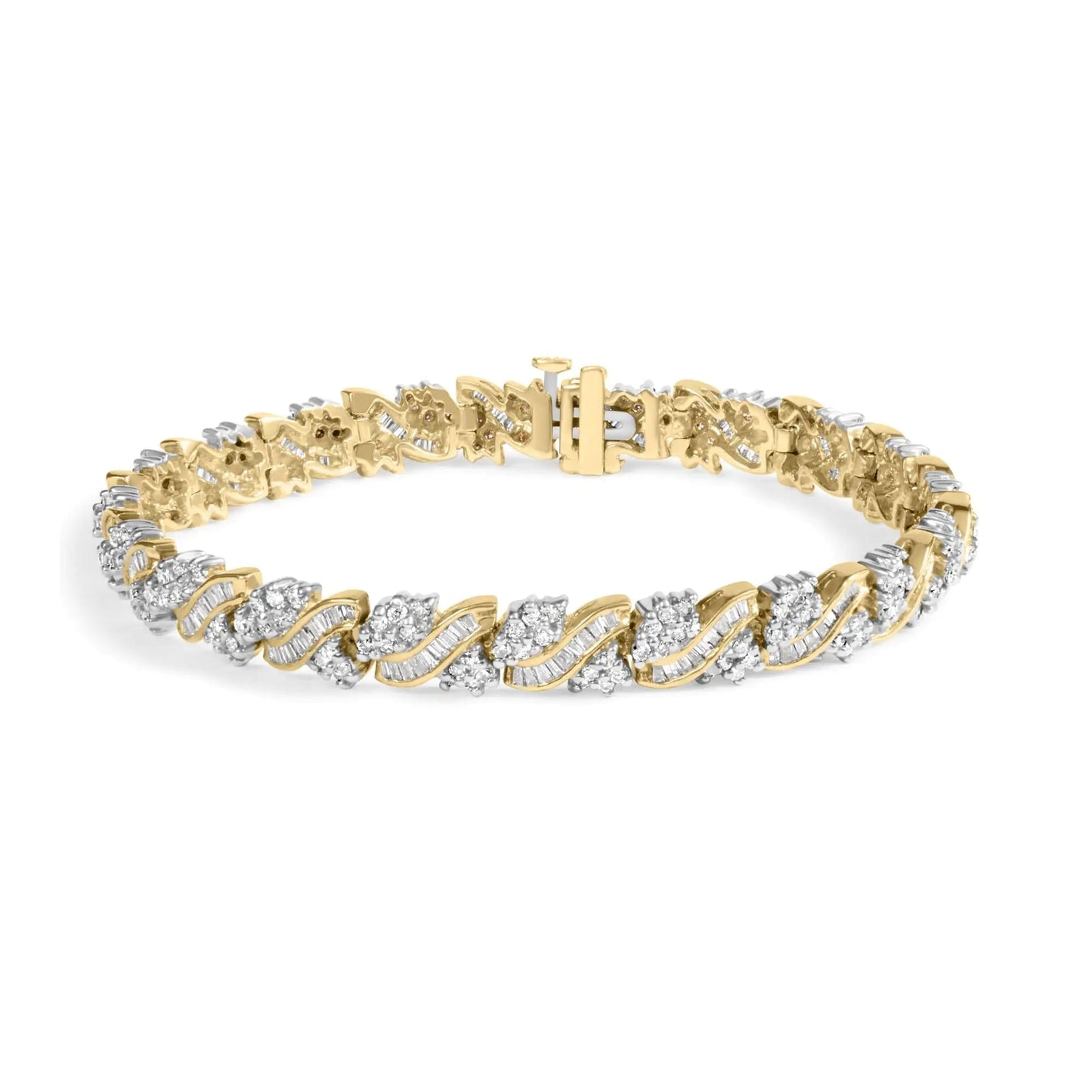 14K Yellow Gold 4.00 Cttw Diamond Woven Composite Cluster and S - Link Bracelet (I - J Color, I1 - I2 Clarity) - 7" Inches - Jaazi Intl