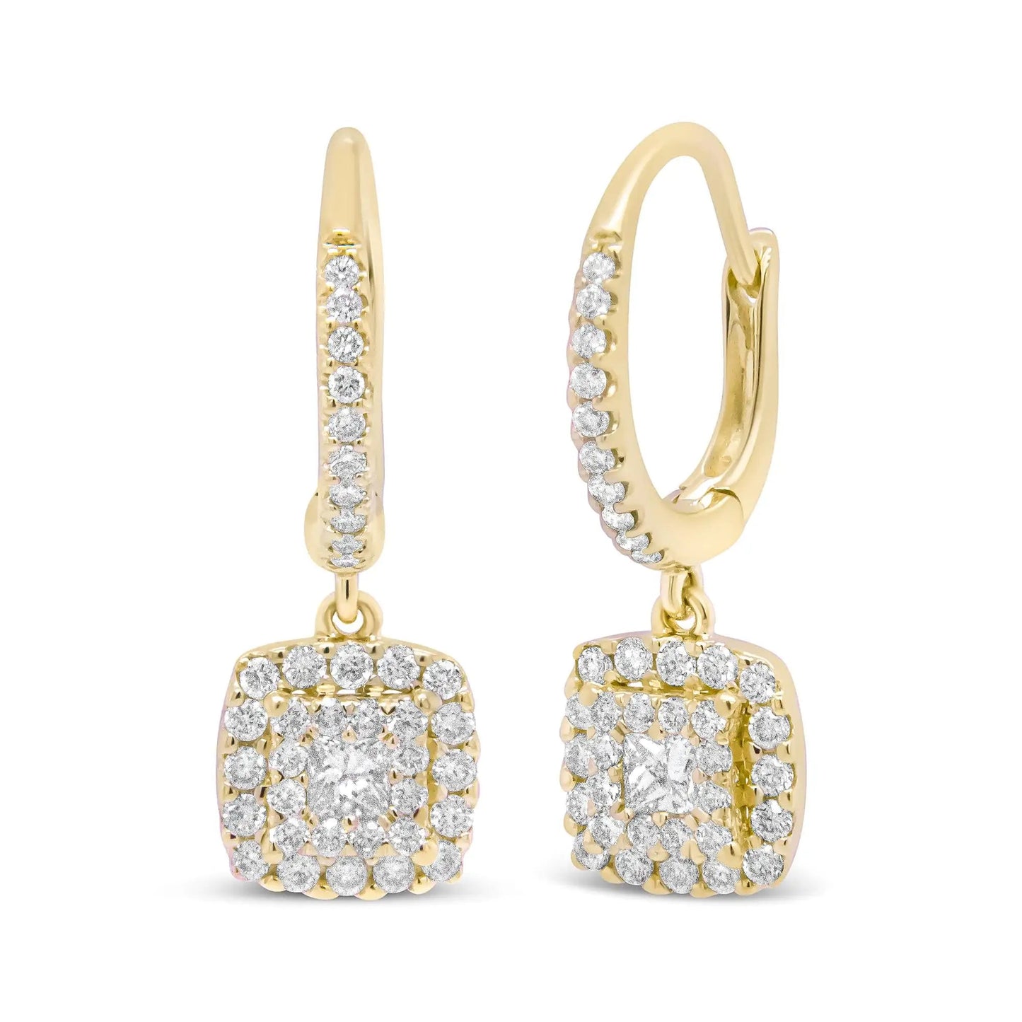 14K Yellow Gold 5/8 Cttw Invisible - Set Princess Diamond Square Halo Dangle Earring (H - I Color, SI1 - SI2 Clarity) - Jaazi Intl