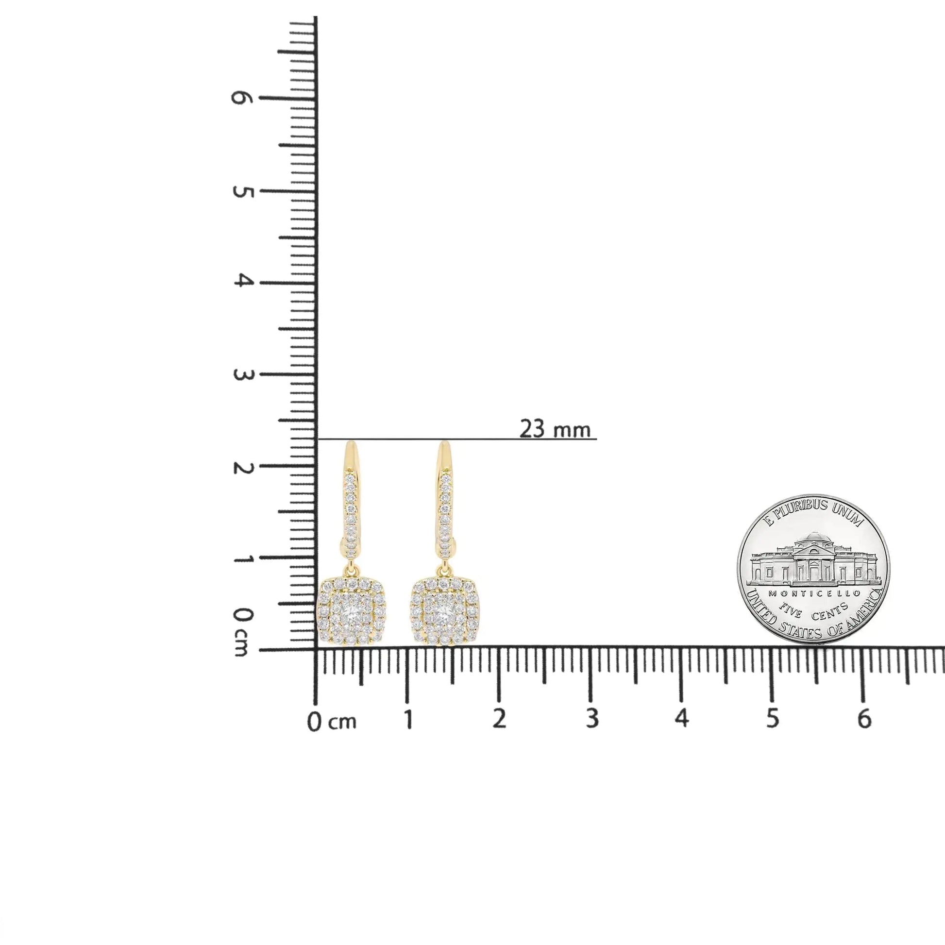 14K Yellow Gold 5/8 Cttw Invisible - Set Princess Diamond Square Halo Dangle Earring (H - I Color, SI1 - SI2 Clarity) - Jaazi Intl