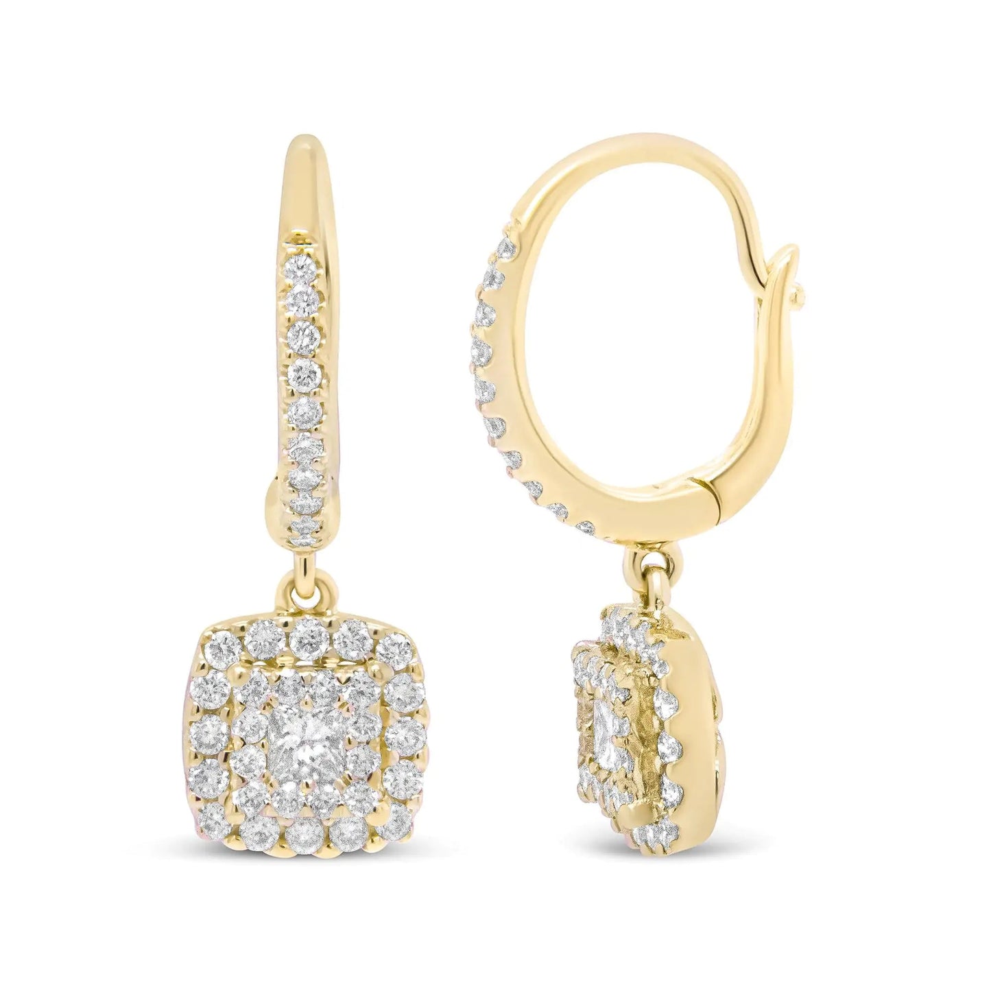 14K Yellow Gold 5/8 Cttw Invisible - Set Princess Diamond Square Halo Dangle Earring (H - I Color, SI1 - SI2 Clarity) - Jaazi Intl