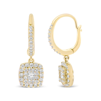 14K Yellow Gold 5/8 Cttw Invisible - Set Princess Diamond Square Halo Dangle Earring (H - I Color, SI1 - SI2 Clarity) - Jaazi Intl