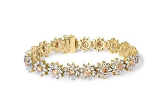 14K Yellow Gold 8.00 Cttw Champagne Diamond Floral Cluster Halo Link Bracelet (H - I Color, I1 - I2 Clarity) - Jaazi Intl