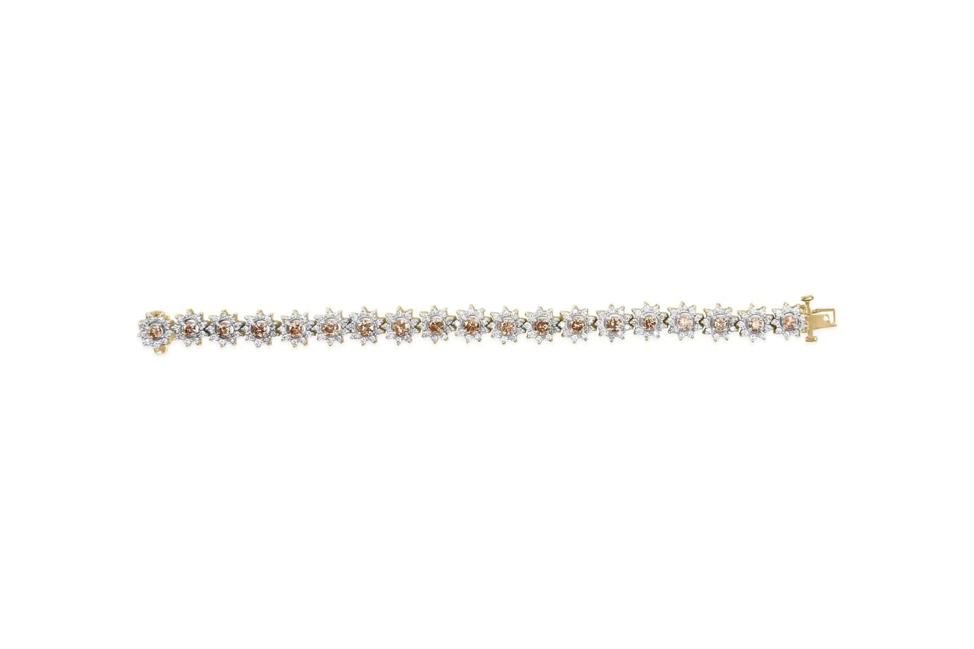 14K Yellow Gold 8.00 Cttw Champagne Diamond Floral Cluster Halo Link Bracelet (H - I Color, I1 - I2 Clarity) - Jaazi Intl