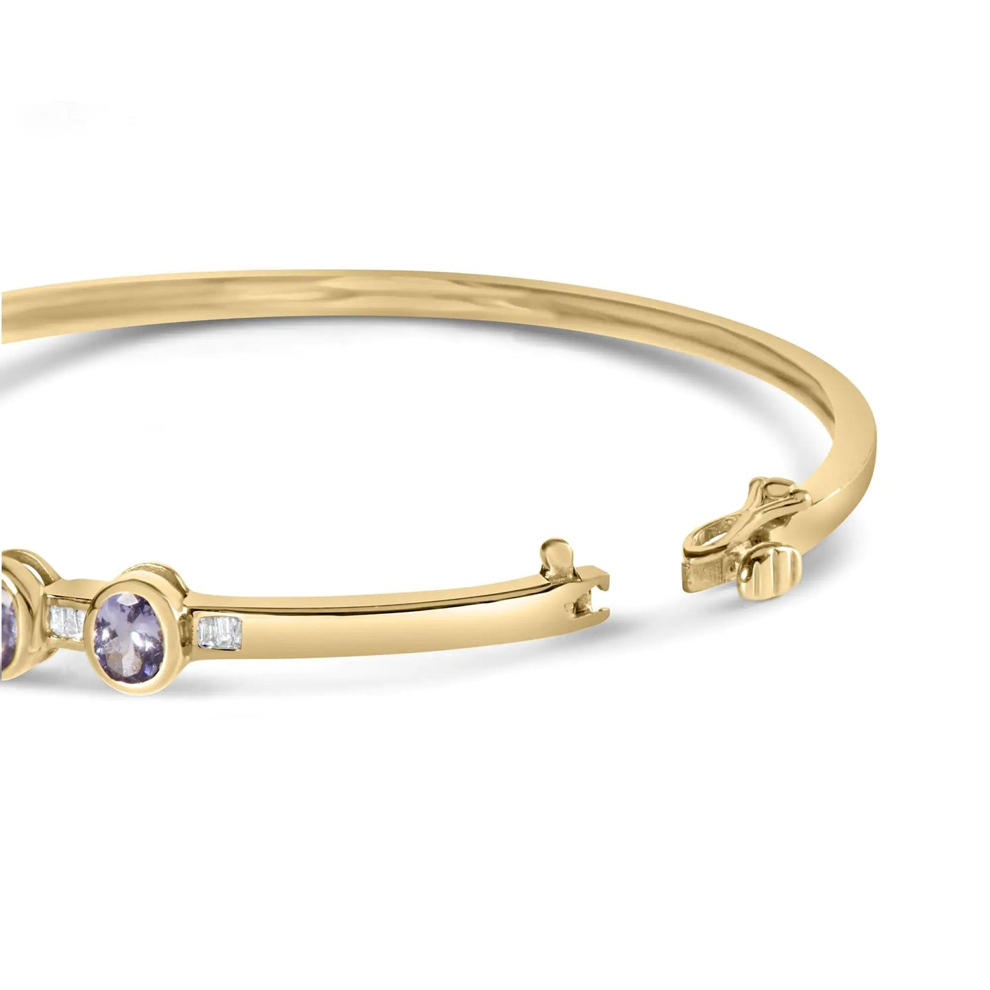 14K Yellow Gold Alternating Bezel Set 5MM Oval Shaped Tanzanite and 1/5 Cttw Diamond Bangle Bracelet (H - I Color, VS2 - SI1 Clarity) - Fit's wrists up to 7.25" Inches - Jaazi Intl