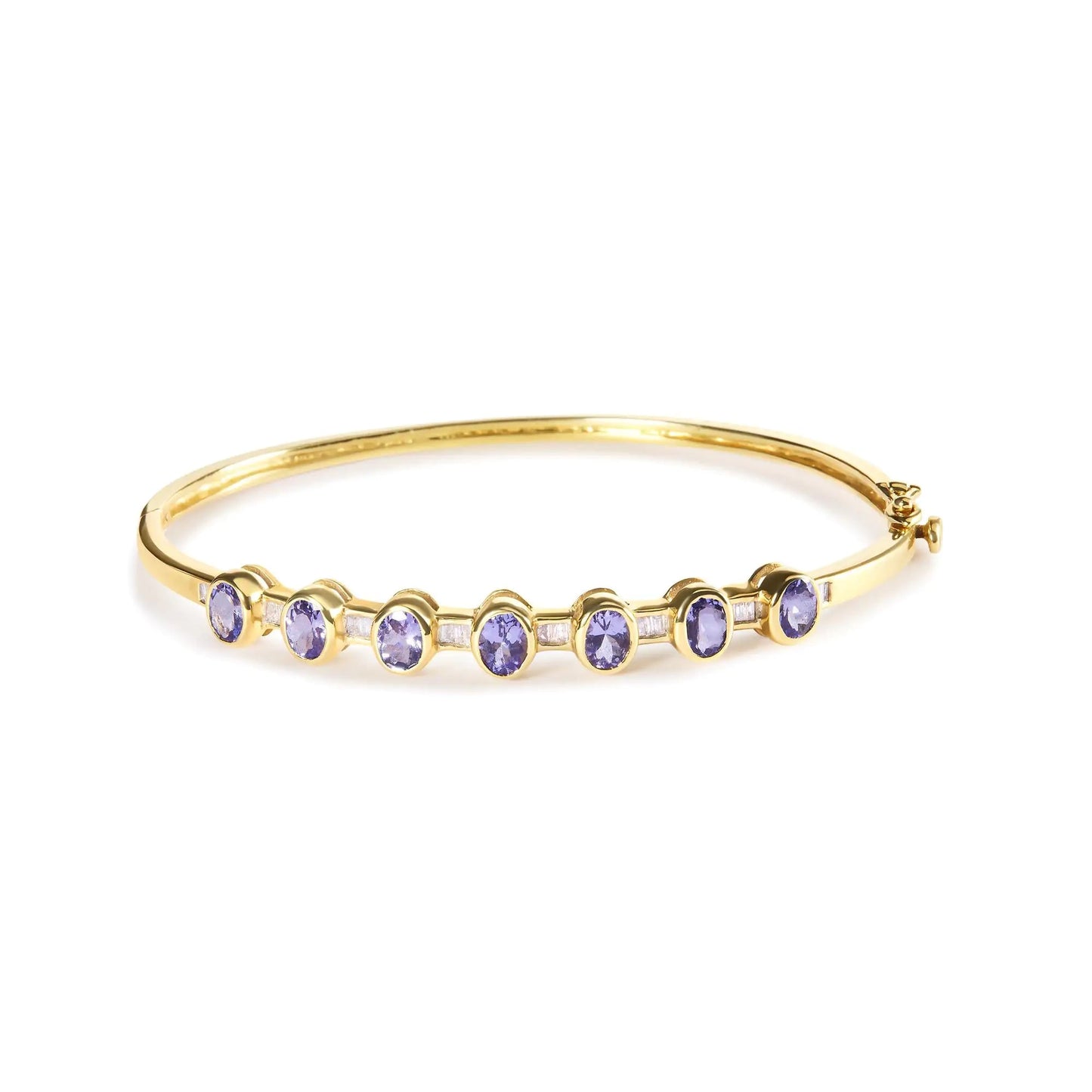 14K Yellow Gold Alternating Bezel Set 5MM Oval Shaped Tanzanite and 1/5 Cttw Diamond Bangle Bracelet (H - I Color, VS2 - SI1 Clarity) - Fit's wrists up to 7.25" Inches - Jaazi Intl