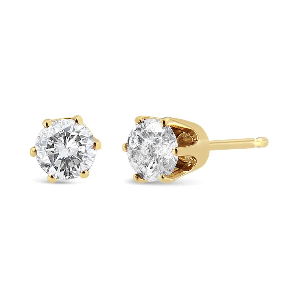 14K Yellow Gold Diamond Solitaire 6 Prong Stud Earrings (3/4 cttw, I - J Color, I2 - I3 Clarity) - Jaazi Intl