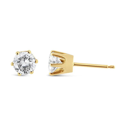 14K Yellow Gold Diamond Solitaire 6 Prong Stud Earrings (3/4 cttw, I - J Color, I2 - I3 Clarity) - Jaazi Intl