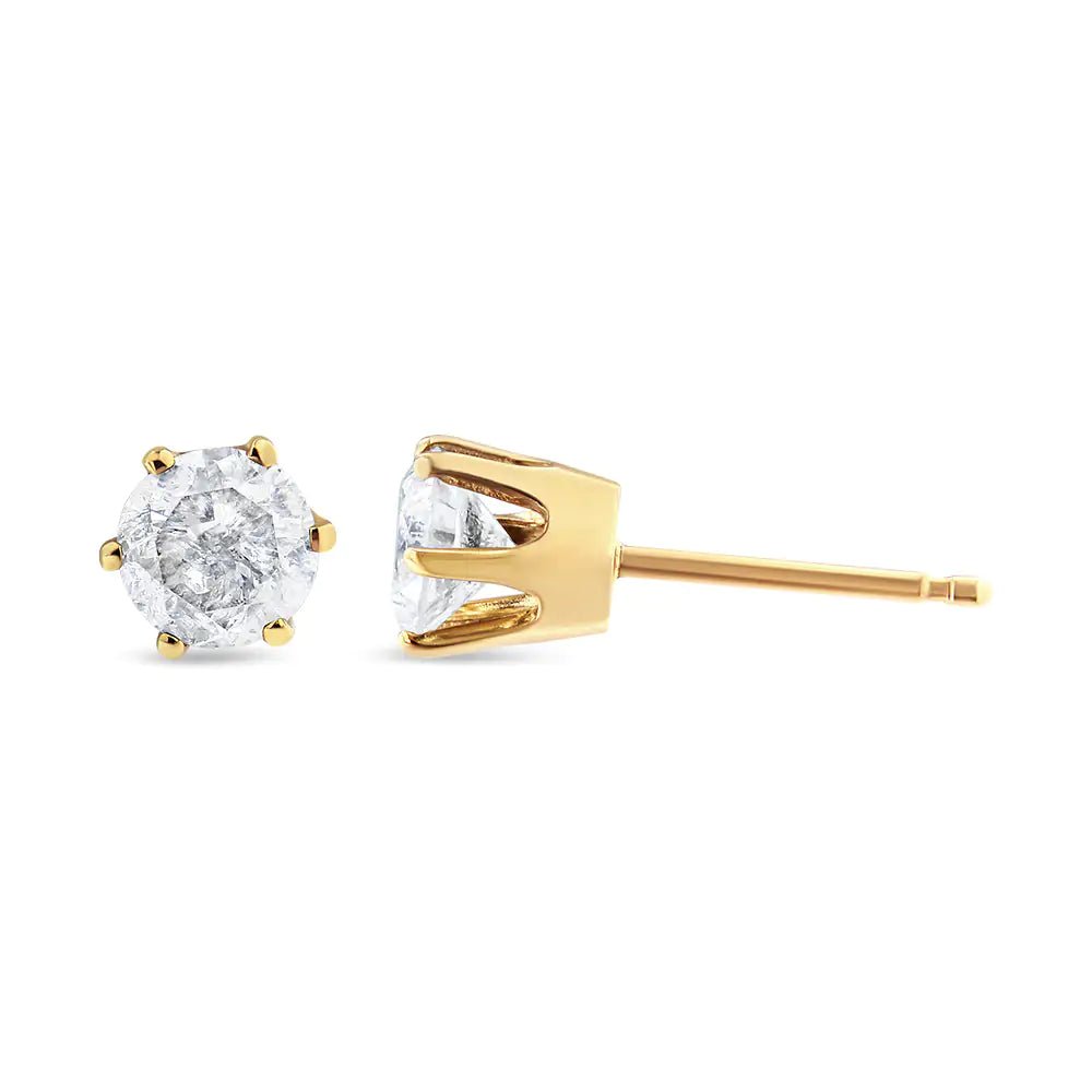 14K Yellow Gold Diamond Solitaire 6 Prong Stud Earrings (3/4 cttw, I - J Color, I2 - I3 Clarity) - Jaazi Intl