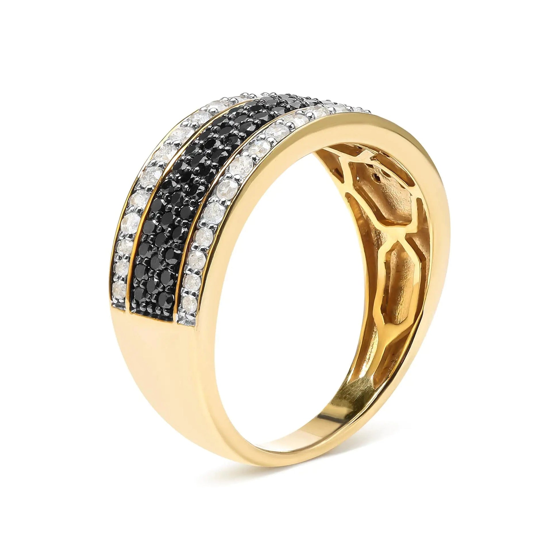 14K Yellow Gold Plated .925 Sterling Silver 1 1/4 Cttw White and Black Treated Diamond Multi Row Band (Black/I - J Color, I2 - I3 Clarity) - Jaazi Intl