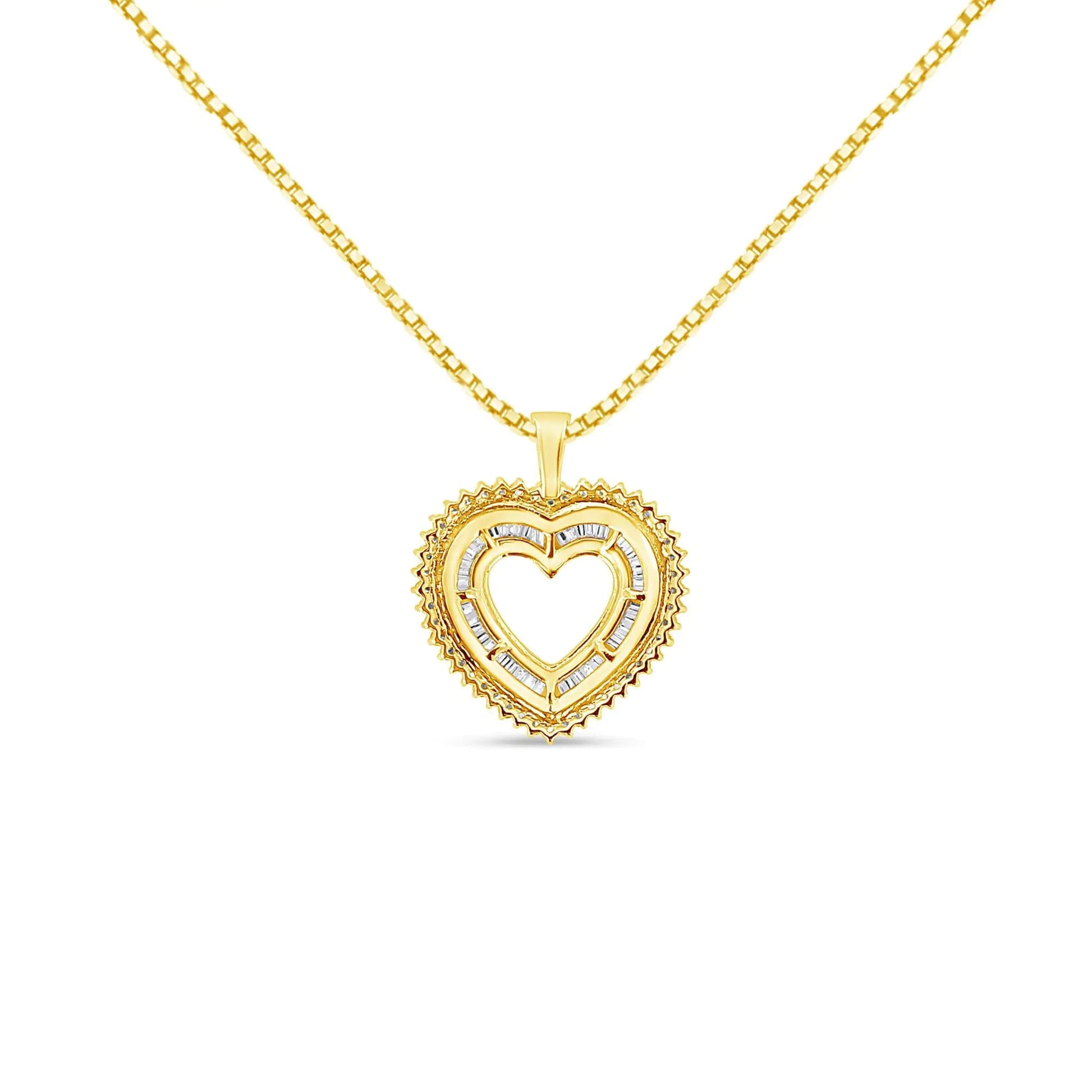 14K Yellow Gold Plated .925 Sterling Silver 1.0 Cttw Round and Baguette - Cut Diamond Composite Hearth 18" Pendant Necklace (I - J Color, I1 - I2 Clarity) - Jaazi Intl