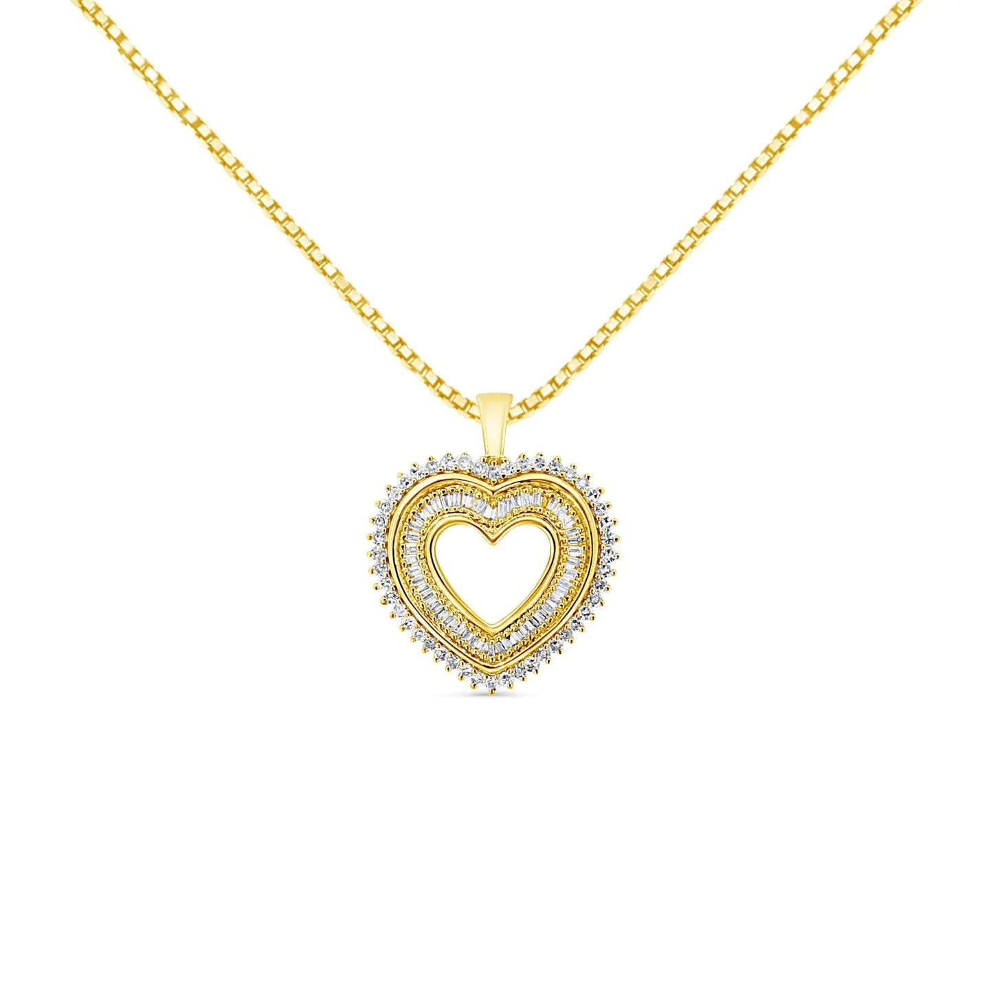 14K Yellow Gold Plated .925 Sterling Silver 1.0 Cttw Round and Baguette - Cut Diamond Composite Hearth 18" Pendant Necklace (I - J Color, I1 - I2 Clarity) - Jaazi Intl