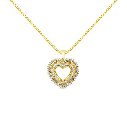 14K Yellow Gold Plated .925 Sterling Silver 1.0 Cttw Round and Baguette - Cut Diamond Composite Hearth 18" Pendant Necklace (I - J Color, I1 - I2 Clarity) - Jaazi Intl