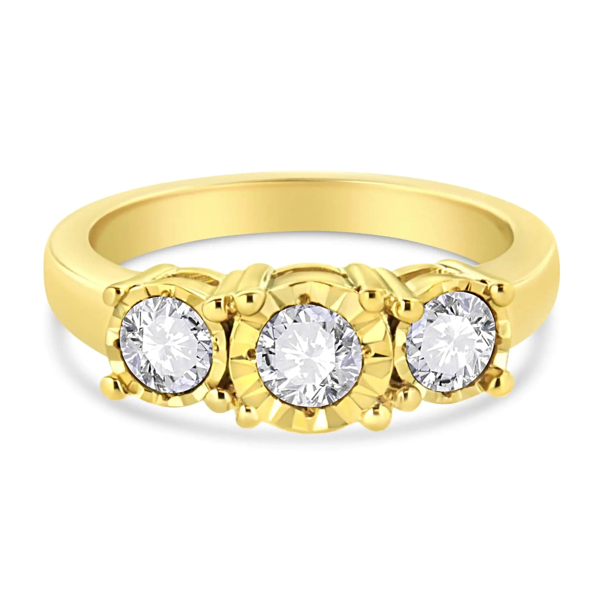 14K Yellow Gold Plated .925 Sterling Silver 1.00 Cttw Miracle - Set Round Diamond Three Stone Engagement Ring (K - L Color, I1 - I2 Clarity) - Jaazi Intl