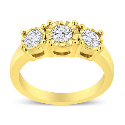 14K Yellow Gold Plated .925 Sterling Silver 1.00 Cttw Miracle - Set Round Diamond Three Stone Engagement Ring (K - L Color, I1 - I2 Clarity) - Jaazi Intl