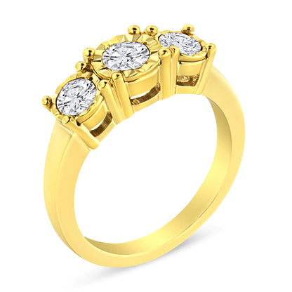 14K Yellow Gold Plated .925 Sterling Silver 1.00 Cttw Miracle - Set Round Diamond Three Stone Engagement Ring (K - L Color, I1 - I2 Clarity) - Jaazi Intl