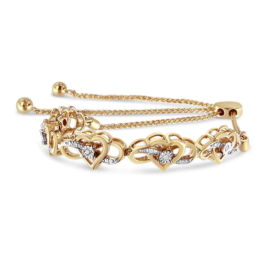 14K Yellow Gold Plated .925 Sterling Silver 1/10 Cttw Diamond Infinity Heart Shaped 4” - 10” Adjustable Bolo Bracelet (H - I Color, I2 - I3 Clarity) - Jaazi Intl